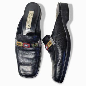 Brighton Black Leather Slide Mule Bead Trim size 8.5 Flat Square Toe